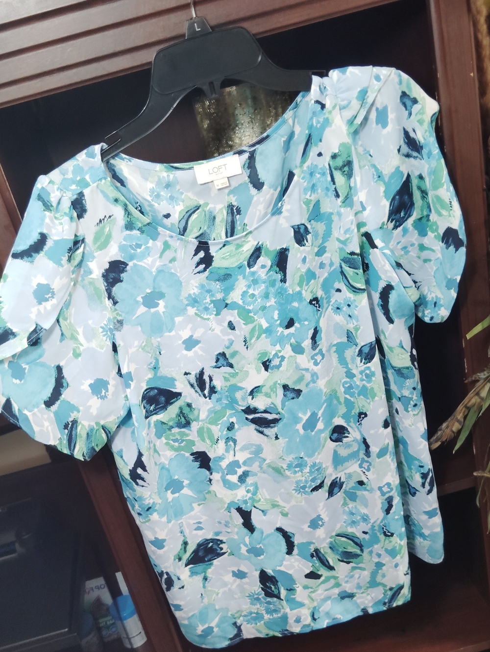 LOFT Aqua and Navy Floral Puff-Sleeve Blouse